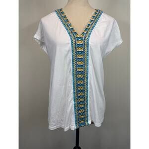 Soft Surroundings White Embroidered Coastal Beach Vacation Tee | Petite Large